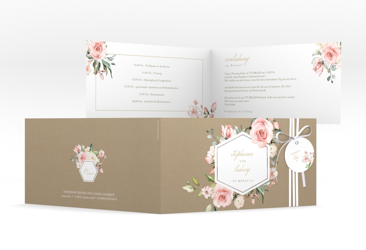 Hochzeitseinladung Graceful lange Klappkarte quer Kraftpapier silber mit Rosenblüten in Rosa und Weiß
