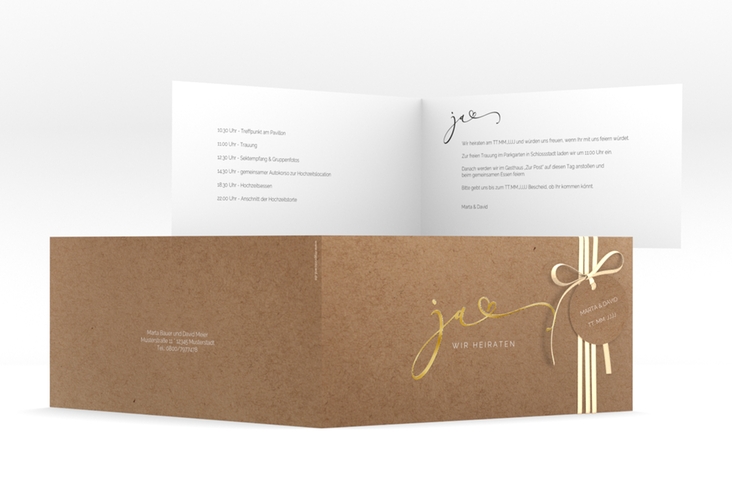 Hochzeitseinladung Jawort lange Klappkarte quer Kraftpapier gold modern minimalistisch mit veredelter Aufschrift