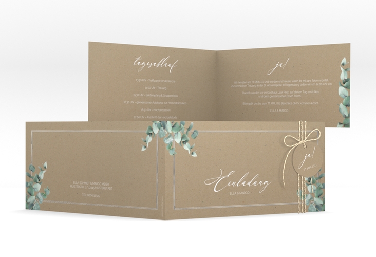 Hochzeitseinladung Eucalypt lange Klappkarte quer Kraftpapier silber mit Eukalyptus und edlem Rahmen