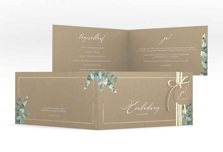 Hochzeitseinladung Eucalypt lange Klappkarte quer Kraftpapier gold mit Eukalyptus und edlem Rahmen