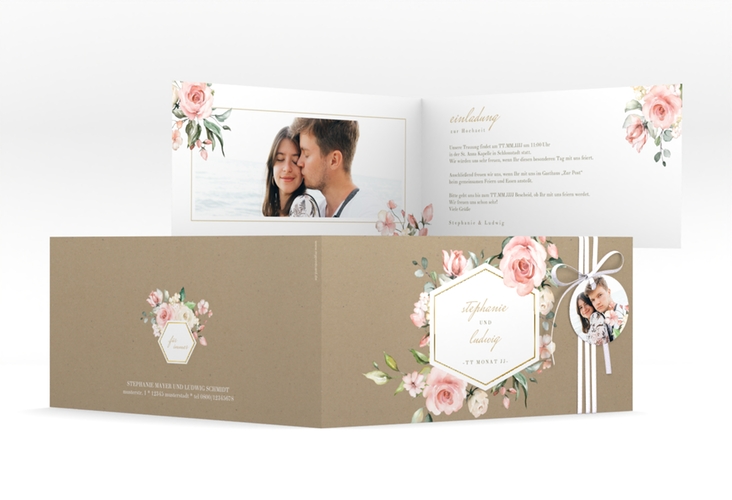 Hochzeitseinladung Graceful lange Klappkarte quer Kraftpapier gold mit Rosenblüten in Rosa und Weiß