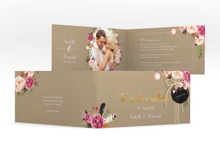 Hochzeitseinladung Flowers lange Klappkarte quer Kraftpapier gold mit bunten Aquarell-Blumen