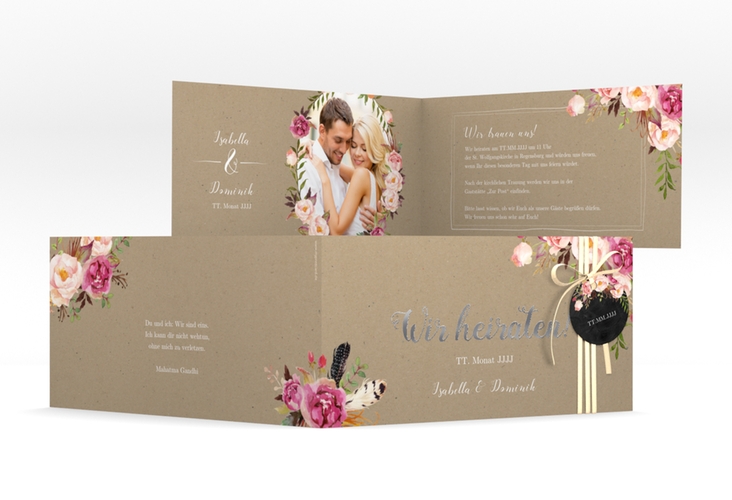 Hochzeitseinladung Flowers lange Klappkarte quer Kraftpapier silber mit bunten Aquarell-Blumen