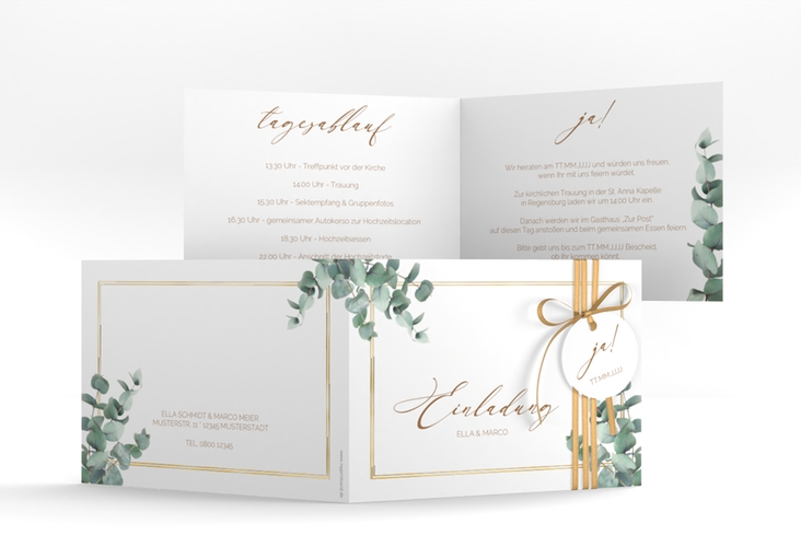 Hochzeitseinladung Eucalypt A6 Klappkarte quer weiss gold mit Eukalyptus und edlem Rahmen