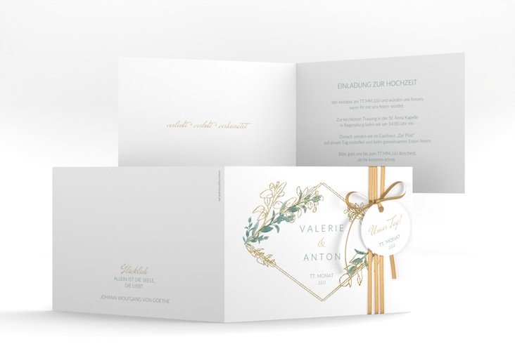 Hochzeitseinladung Verde A6 Klappkarte quer weiss gold