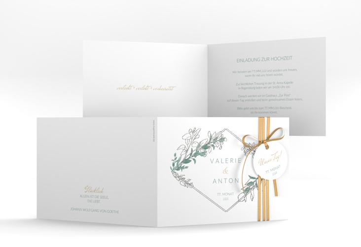 Hochzeitseinladung Verde A6 Klappkarte quer weiss silber