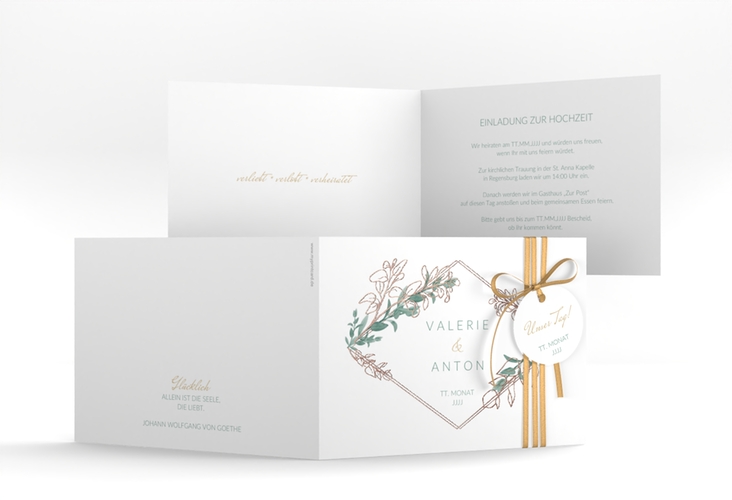 Hochzeitseinladung Verde A6 Klappkarte quer weiss rosegold
