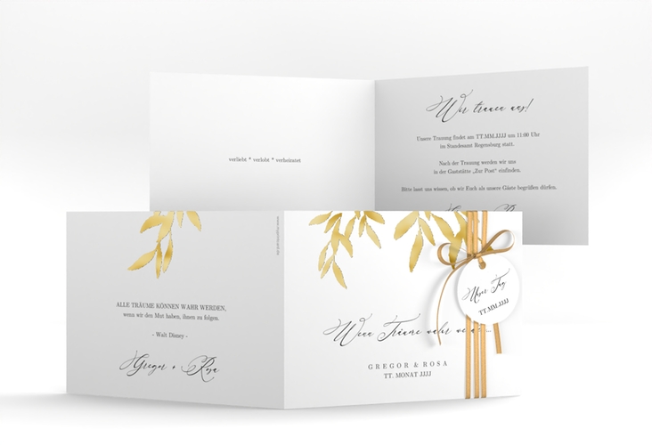 Hochzeitseinladung Demure A6 Klappkarte quer weiss gold