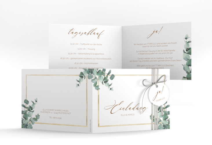 Hochzeitseinladung Eucalypt A6 Klappkarte quer weiss gold mit Eukalyptus und edlem Rahmen