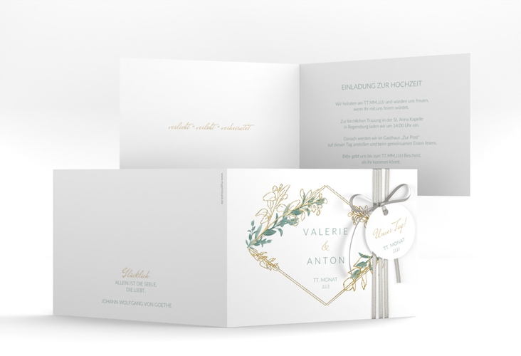 Hochzeitseinladung Verde A6 Klappkarte quer weiss gold