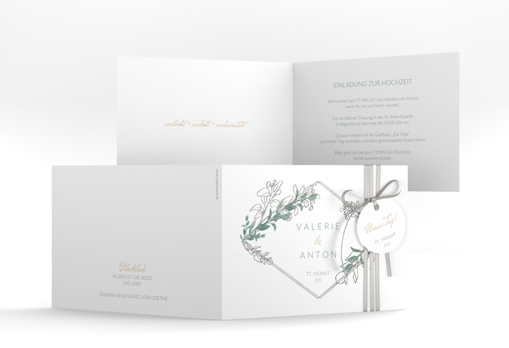Hochzeitseinladung Verde A6 Klappkarte quer weiss silber