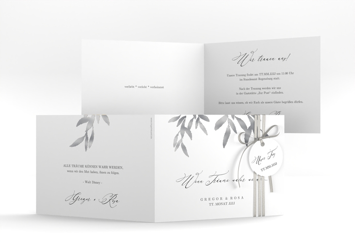 Hochzeitseinladung Demure A6 Klappkarte quer weiss silber