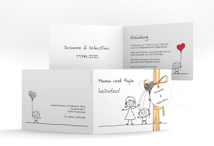 Hochzeitseinladung Family A6 Klappkarte quer weiss silber