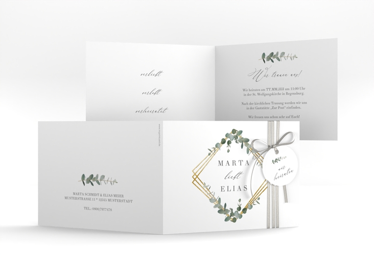 Hochzeitseinladung Eukalyptus A6 Klappkarte quer weiss gold