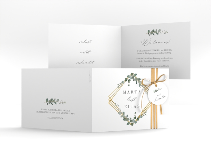 Hochzeitseinladung Eukalyptus A6 Klappkarte quer weiss gold