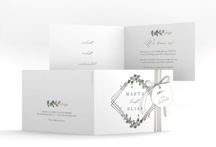 Hochzeitseinladung Eukalyptus A6 Klappkarte quer weiss silber