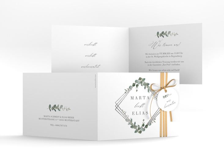 Hochzeitseinladung Eukalyptus A6 Klappkarte quer weiss silber