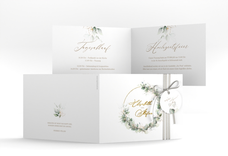 Hochzeitseinladung Selvatica A6 Klappkarte quer weiss gold mit Eukalyptus-Kranz