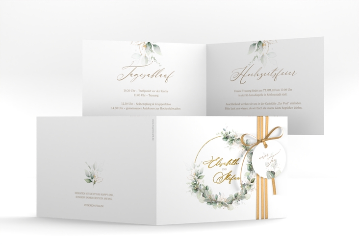 Hochzeitseinladung Selvatica A6 Klappkarte quer weiss gold mit Eukalyptus-Kranz