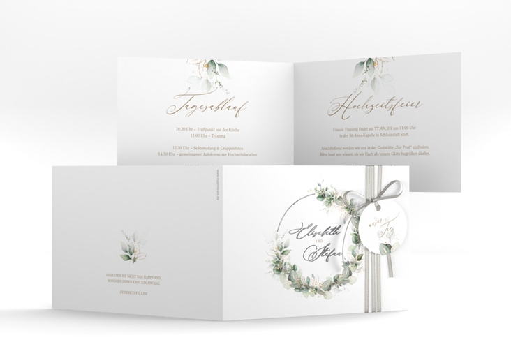 Hochzeitseinladung Selvatica A6 Klappkarte quer weiss silber mit Eukalyptus-Kranz