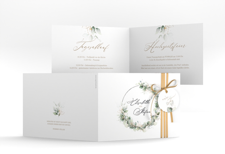 Hochzeitseinladung Selvatica A6 Klappkarte quer weiss silber mit Eukalyptus-Kranz