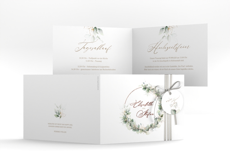 Hochzeitseinladung Selvatica A6 Klappkarte quer weiss rosegold mit Eukalyptus-Kranz