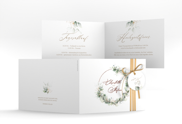 Hochzeitseinladung Selvatica A6 Klappkarte quer weiss rosegold mit Eukalyptus-Kranz