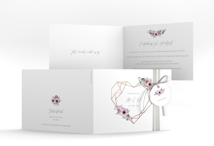 Hochzeitseinladung Herzgold A6 Klappkarte quer weiss rosegold