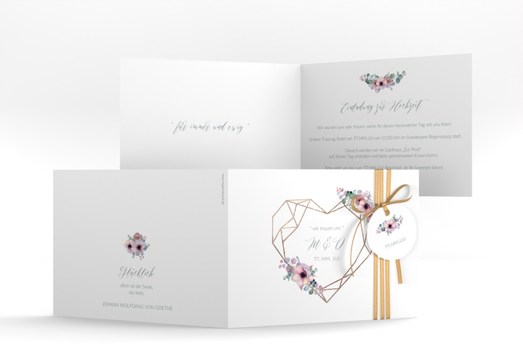 Hochzeitseinladung Herzgold A6 Klappkarte quer weiss rosegold