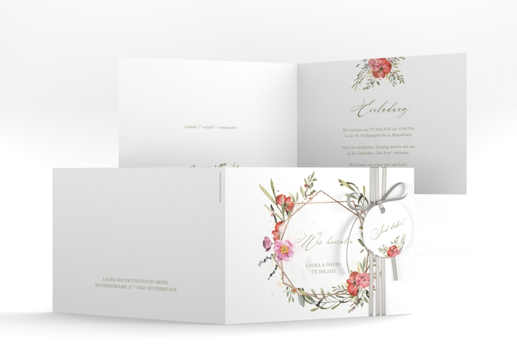 Hochzeitseinladung Sommergarten A6 Klappkarte quer weiss rosegold