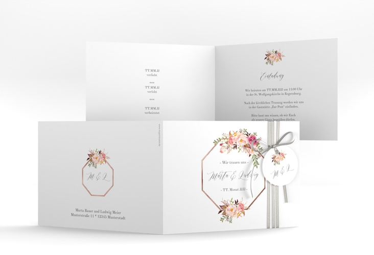 Hochzeitseinladung Prachtvoll A6 Klappkarte quer weiss rosegold