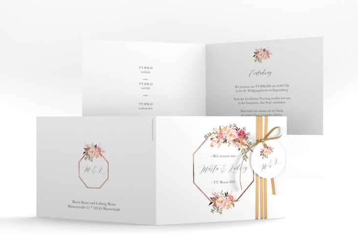 Hochzeitseinladung Prachtvoll A6 Klappkarte quer weiss rosegold