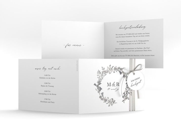 Hochzeitseinladung Filigree A6 Klappkarte quer weiss silber