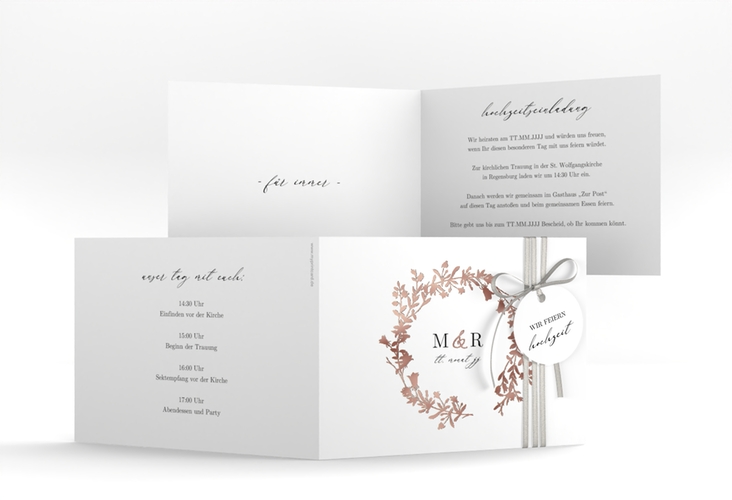 Hochzeitseinladung Filigree A6 Klappkarte quer weiss rosegold