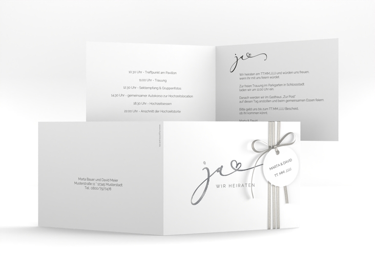 Hochzeitseinladung Jawort A6 Klappkarte quer weiss silber modern minimalistisch mit veredelter Aufschrift