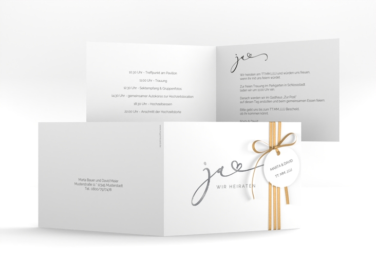 Hochzeitseinladung Jawort A6 Klappkarte quer weiss silber modern minimalistisch mit veredelter Aufschrift