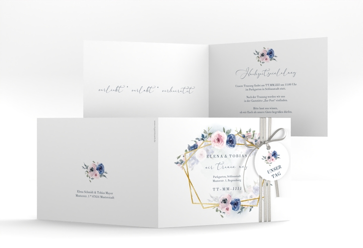 Hochzeitseinladung Dustyblue A6 Klappkarte quer weiss gold