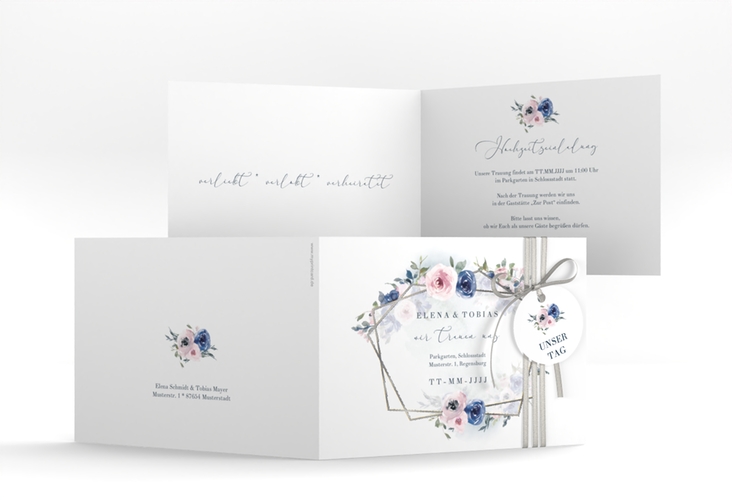 Hochzeitseinladung Dustyblue A6 Klappkarte quer weiss silber