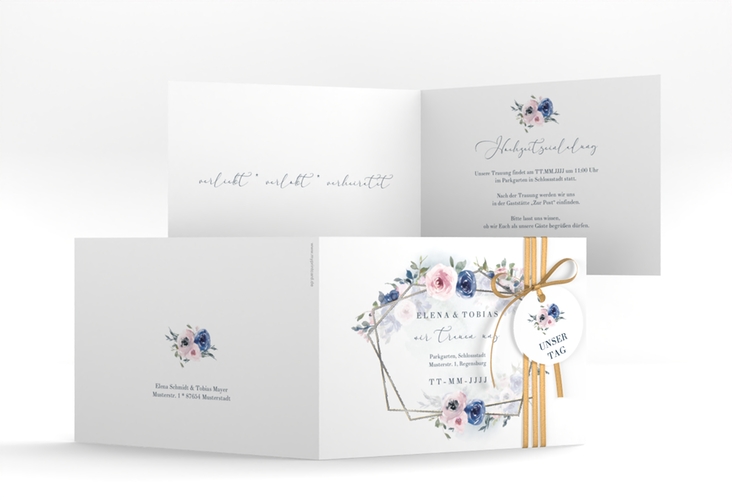 Hochzeitseinladung Dustyblue A6 Klappkarte quer weiss silber