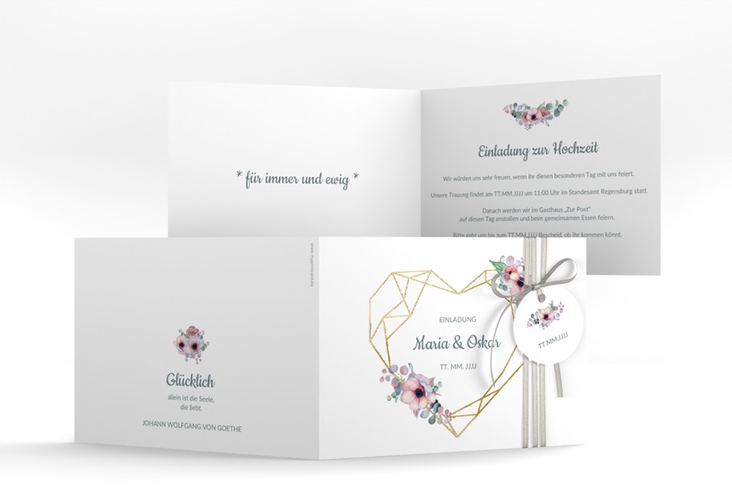 Hochzeitseinladung Herzgold A6 Klappkarte quer weiss gold
