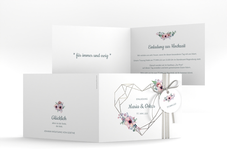 Hochzeitseinladung Herzgold A6 Klappkarte quer weiss silber