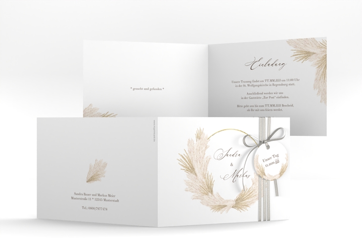 Hochzeitseinladung Pumila A6 Klappkarte quer weiss gold