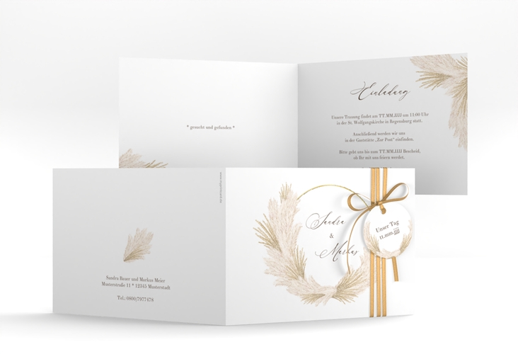 Hochzeitseinladung Pumila A6 Klappkarte quer weiss gold