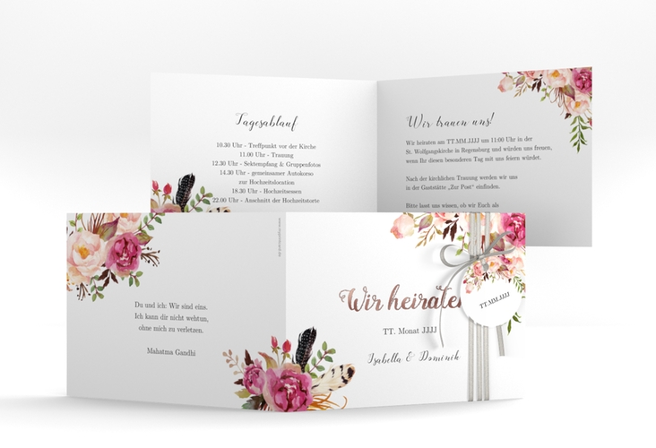 Hochzeitseinladung Flowers A6 Klappkarte quer weiss rosegold mit bunten Aquarell-Blumen