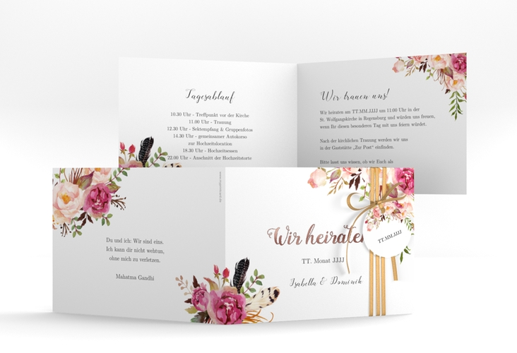 Hochzeitseinladung Flowers A6 Klappkarte quer weiss rosegold mit bunten Aquarell-Blumen