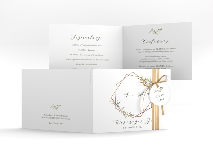 Hochzeitseinladung Acacia A6 Klappkarte quer weiss rosegold