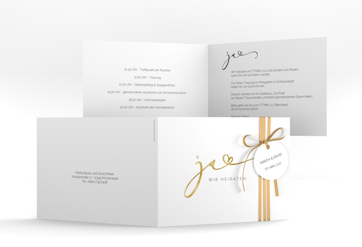 Hochzeitseinladung Jawort A6 Klappkarte quer weiss gold modern minimalistisch mit veredelter Aufschrift