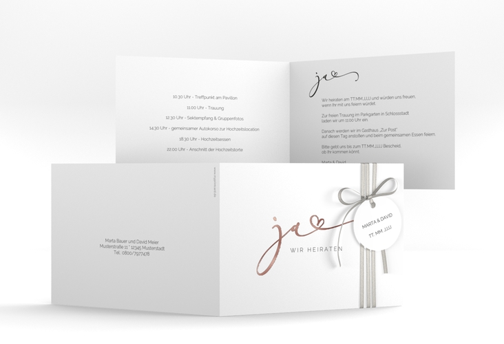 Hochzeitseinladung Jawort A6 Klappkarte quer weiss rosegold modern minimalistisch mit veredelter Aufschrift