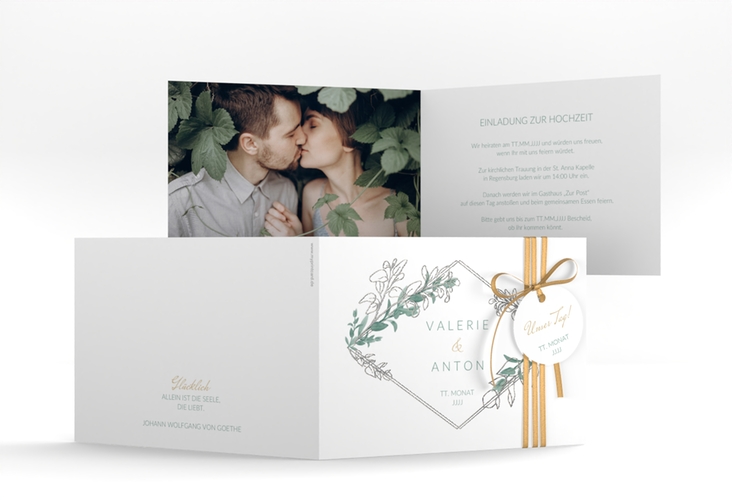 Hochzeitseinladung Verde A6 Klappkarte quer weiss silber