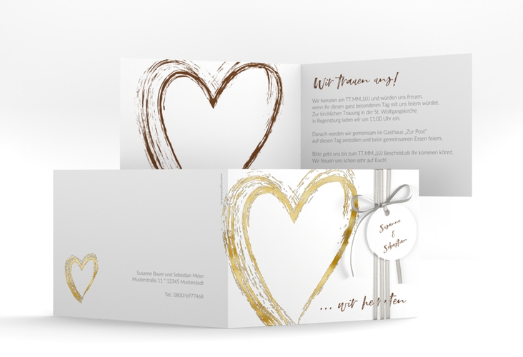 Hochzeitseinladung Liebe A6 Klappkarte quer braun gold